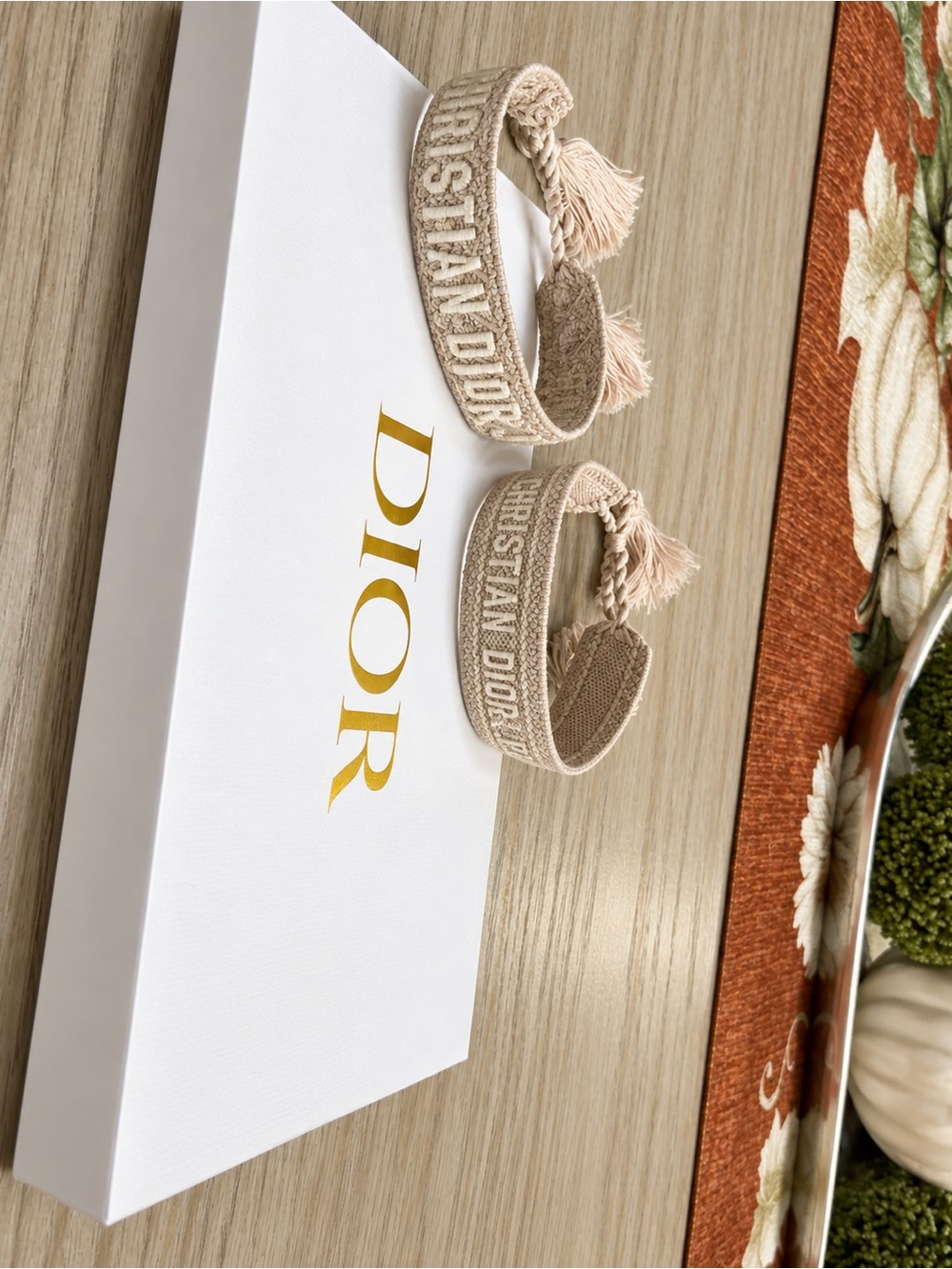 Dior Beige Woven 'Christian Dior' Bracelet Set with Tassels
